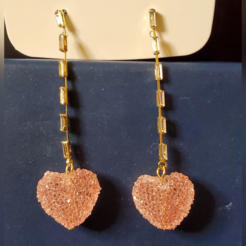 Gold and Pink Heart Drop Earrings